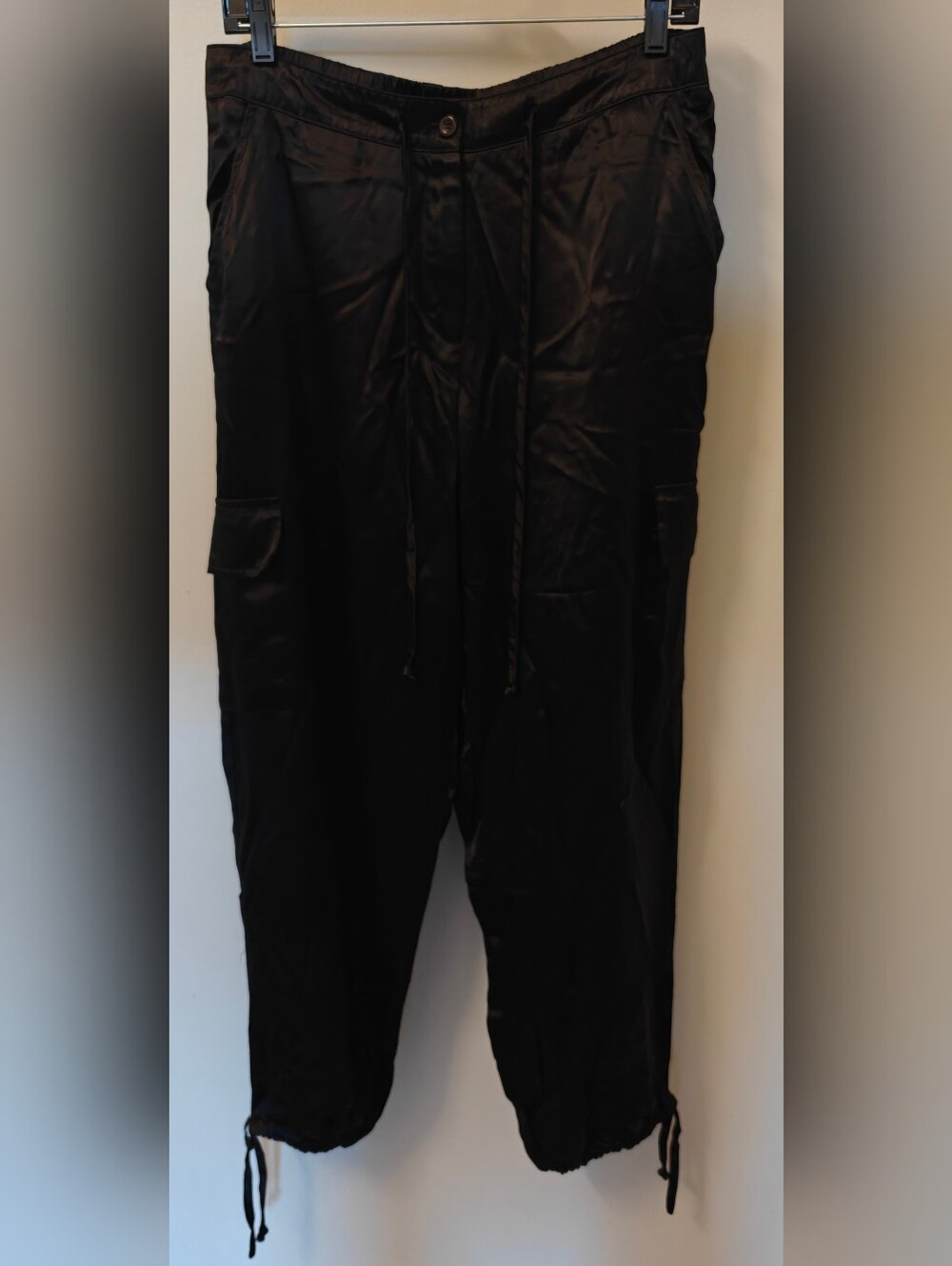 Lane Bryant black silky drawstring Y2K satin utility wear cargo pants size 14/16